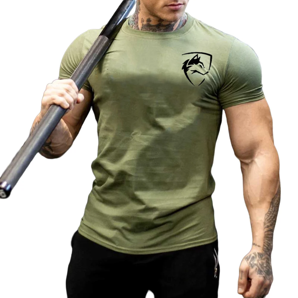 New Cotton Casual Print T-shirt Men Short Sleeve Skinny Tees Shirt Male Gym Fitness Tops Summer Sport Training Crossfit Clothing