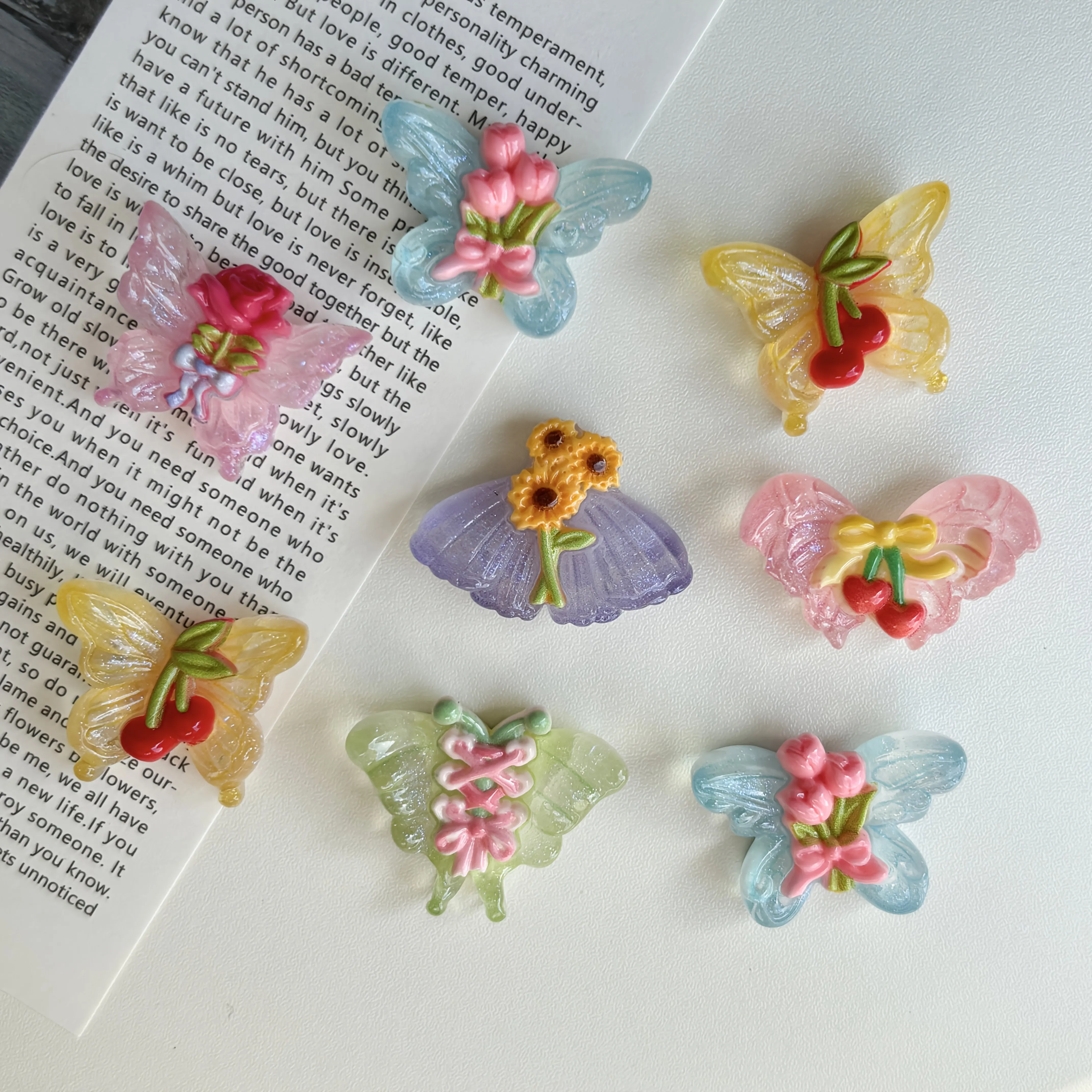 Eight Colorful Transparent Butterfly-Shaped Resin Fridge Magnets - Cute Decorations Suitable for Kitchens