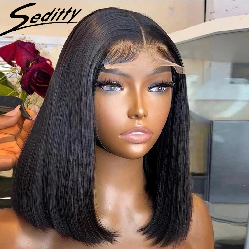 

4x4 Short Straight Bob Wig Pre Plucked Human Hair Wigs 200% Density Brazilian Remy 13x4 Lace Frontal Bob Wigs For Women #1B