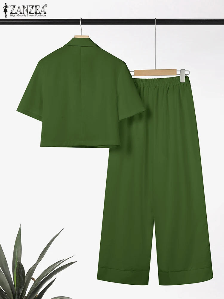 2025 ZANZEA الصيف بانت مجموعات موضة 2 قطعة ملابس النساء قصيرة الأكمام التلبيب قميص بنطلون الدعاوى عادية الصلبة العمل OL رياضية