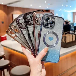 Soft TPU Electroplate Clear Case for iPhone 15 14 13 12 11 Pro Max Wireless Charging Magnetic Magsafes Cover Glitter Heart Paper