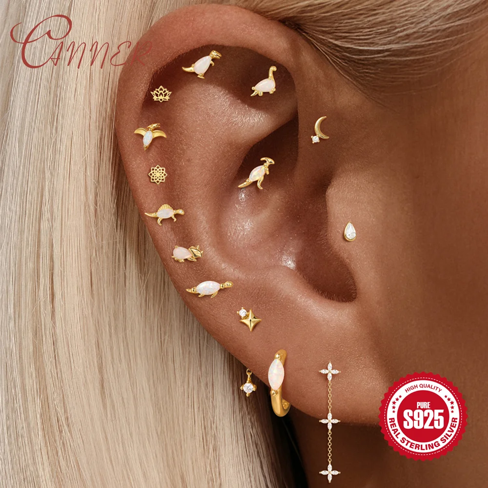 CANNER 925 Sterling Silver Animal Opal Zircon CZ Series Helix Cartilage Piercing Stud Earring Screw Back Hypoallergenic Jewelry
