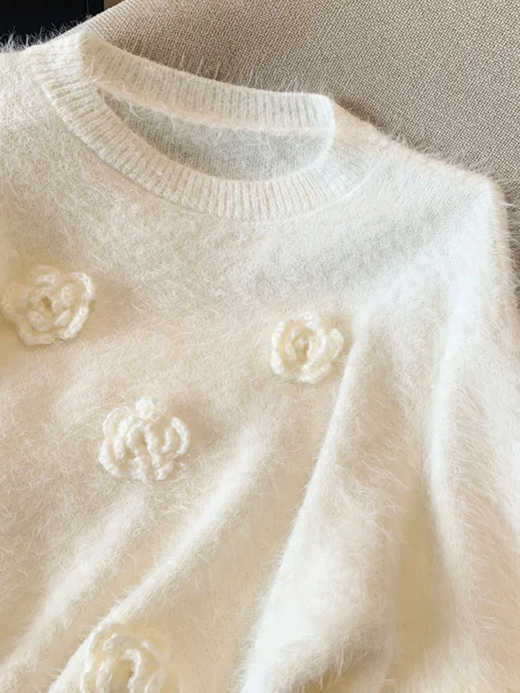 Sweet Preppy Style Luxury Jumper Women White Oversized 3D Flower Knitted Pullover Korean Fashion Sweater Mori Girl Autumn Winter