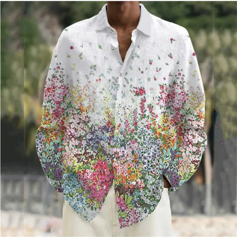 Camisa manga comprida floral masculina com impressão 3D, roupa de lapela, exterior, amarelo, rosa, azul, roxo, verde, estilista de rua, casual