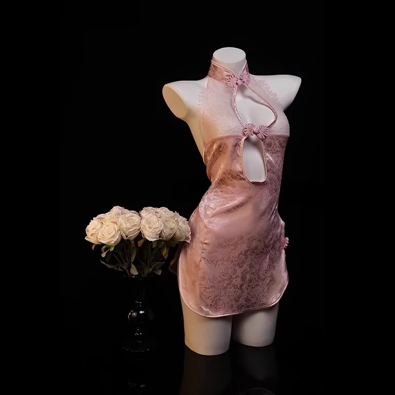 

2025 New Pink Fragrant Sleeve Chinese Cheongsam Lace Hollow Sexy Nightdress Perspective Short Skirt Pure Desire
