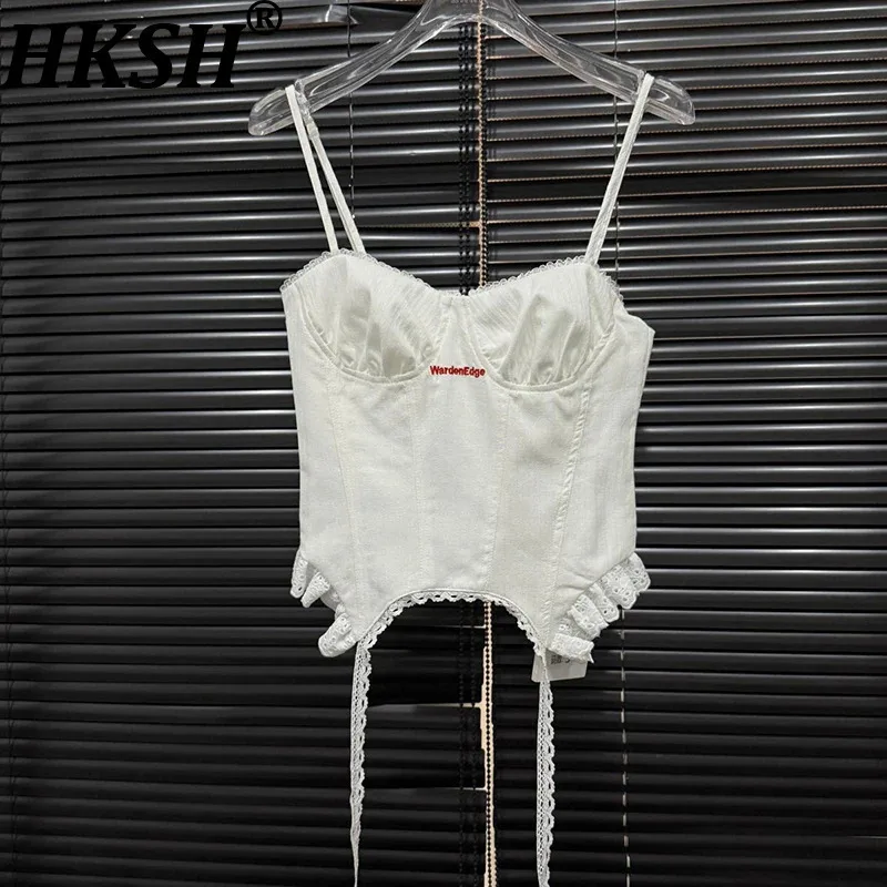 

HKSH Summer New Women Camisole Embroidery Letter Patchwork Lace Zipper Back Elastic Versatile Sexy Tide Chic Vest Female HK12055