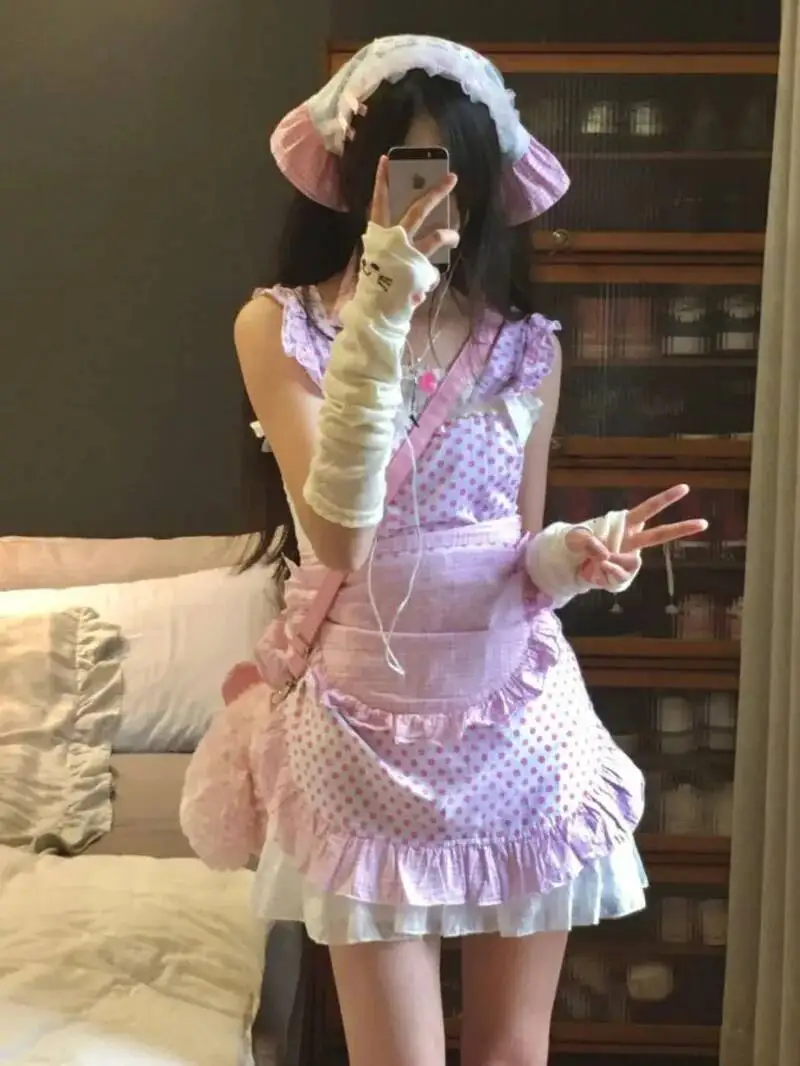 コススイートリトルシェフメイドキュートガールレース水玉模様タイなしセクシー女性用ドレスエレガントスイートミニドレスピンクファッションBCM8