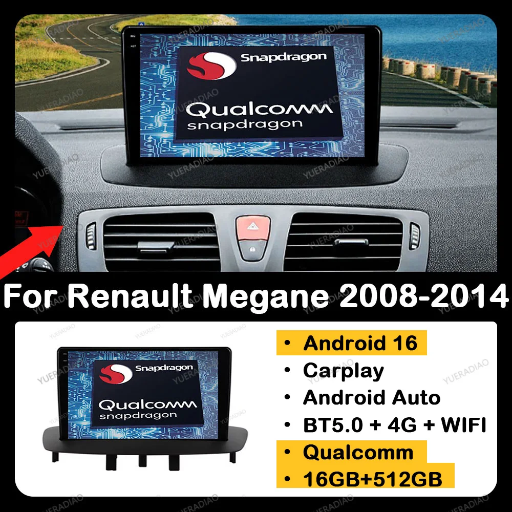 Autoradio Android 16 pour Renault Megane 3 2008 - 2014 Lecteur multimédia stéréo vidéo 2K QLED GPS NAVI CarPlay Auto 4G WIFI QLED