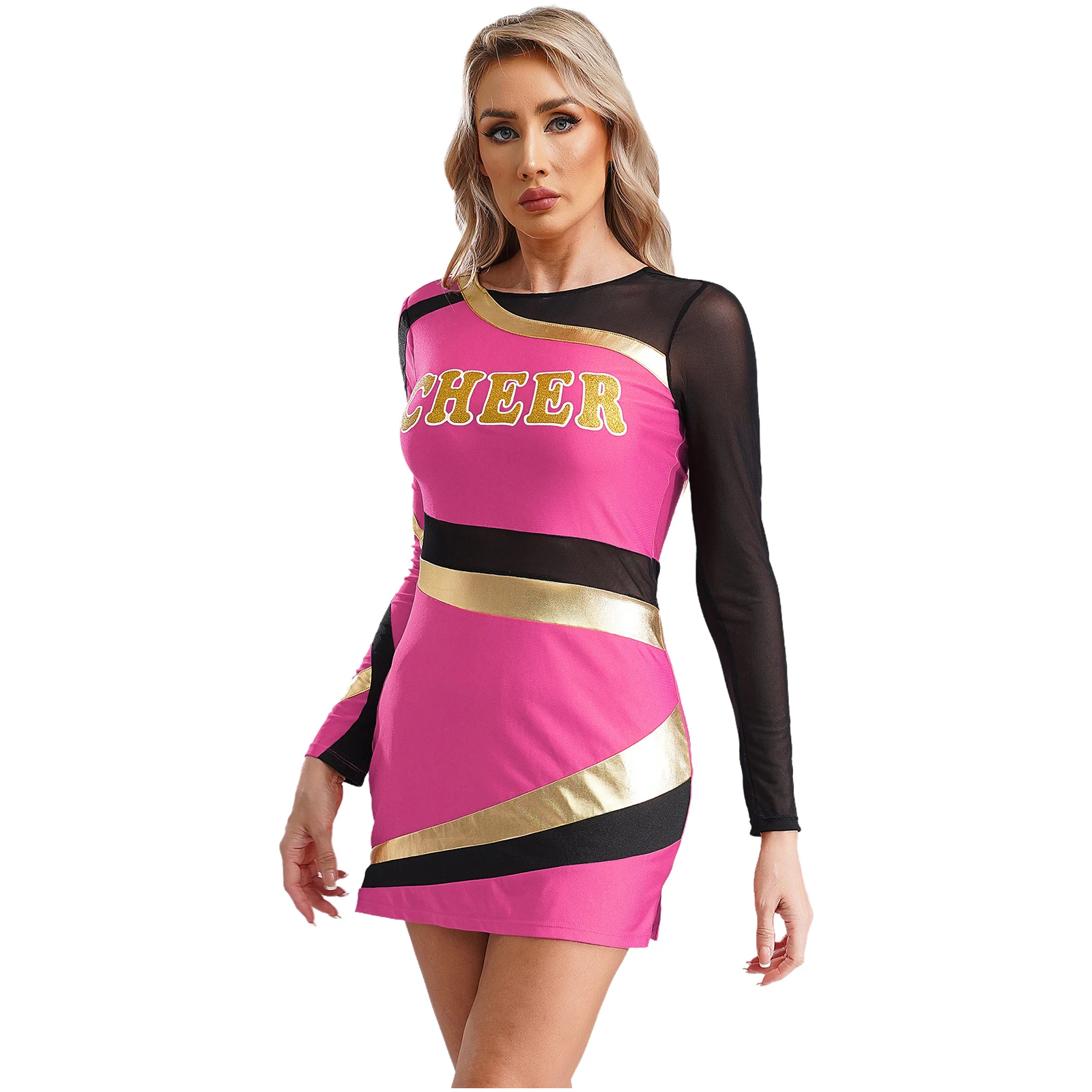 Frauen Cheerleading Uniform Kostüm Schulmädchen Cheerleader Cosplay Karneval Party Jubel Tanz Langarm Print Bodycon Kleid