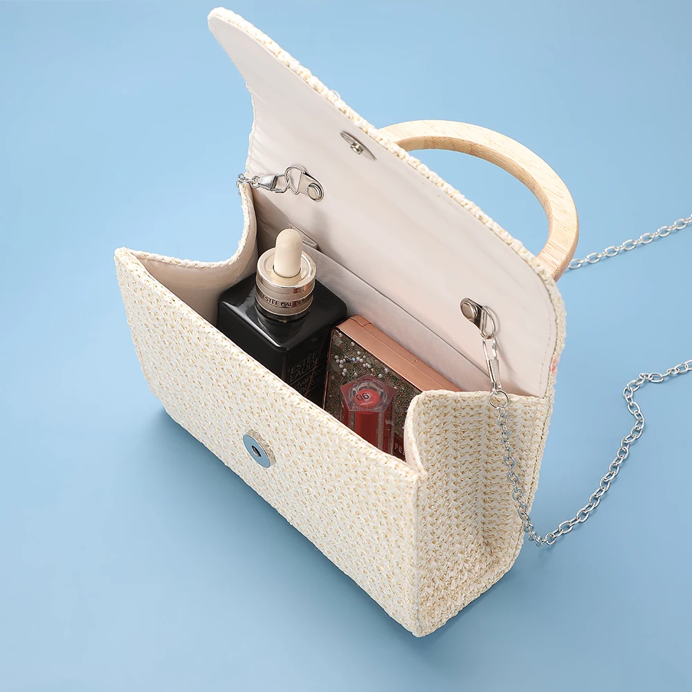 حقيبة كتف عتيقة بمقبض خشبي محمول باليد مع حقيبة كروس بسلسلة معدنية مفككة للمساء