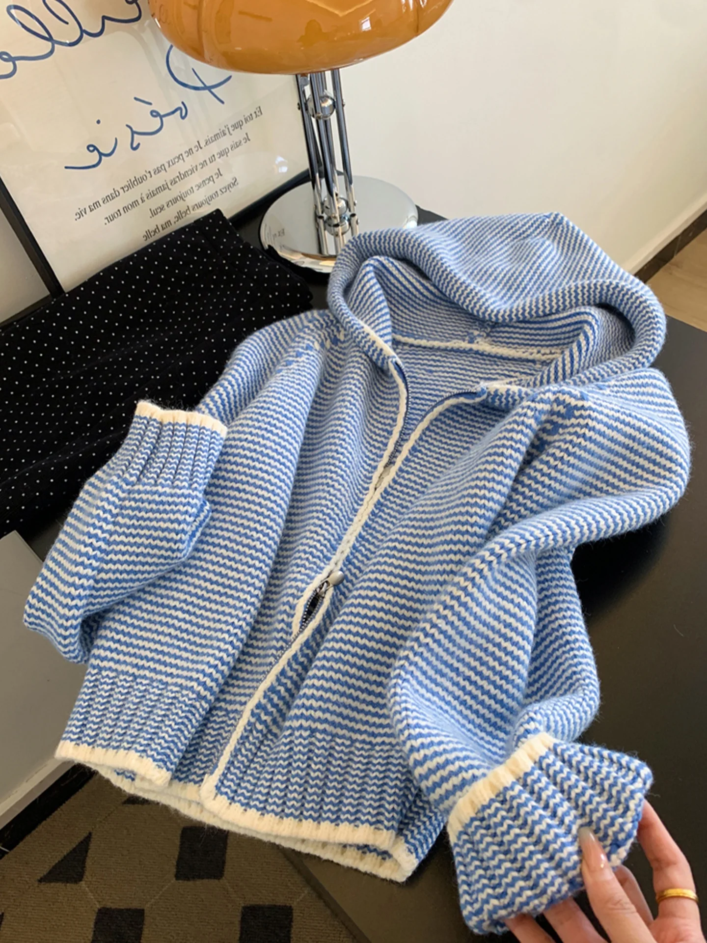 Thiened Cappello lavorato a maglia di lana Cappotto Cardigan invernale da donna Faion Design a righe calde Pendolarismo Sle Regular Sve Cerniera lunga