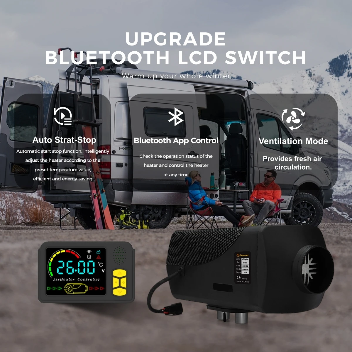 2KW 12V/24V Diesel Air Heater Auto Thermostat/Quiet Night Heater With LCD/APP Control/Ventilation Mode For Trailer Camping Van