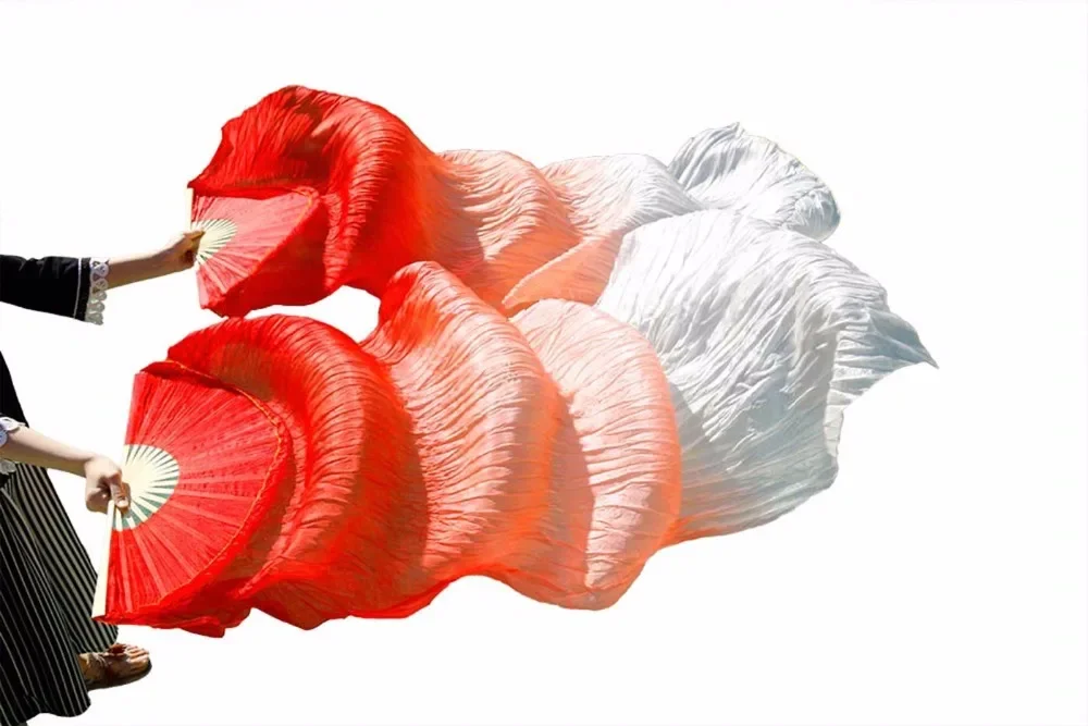 عالية الجودة 100% الحرير 1 زوج اليسار + اليد اليمنى مراوح الرقص الشرقي الحجاب الحرير مراوح الرقص رائجة البيع الأحمر + البرتقالي الفاتح + الأبيض 150/180x90 سنتيمتر