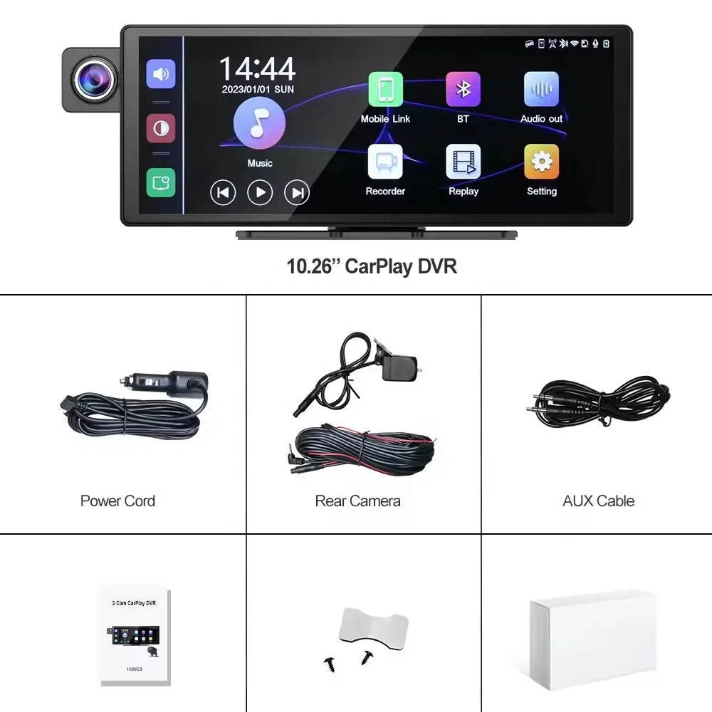 1026 '' 3 CH 1080P Cámaras Portátil Inteligente Inalámbrica Carplay Android Auto Radio de Coche Autoestereo DVR GPS FM