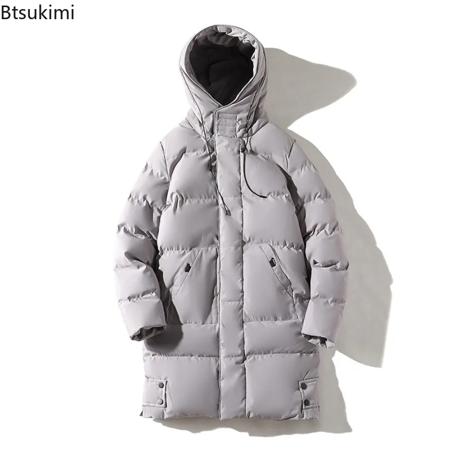 Men Winter Hooded Coat Thicken Cold-proof Solid Color Zipper Mid-length Long Sleeve Jacket Casual Warm Outerwear Male Daily Wear