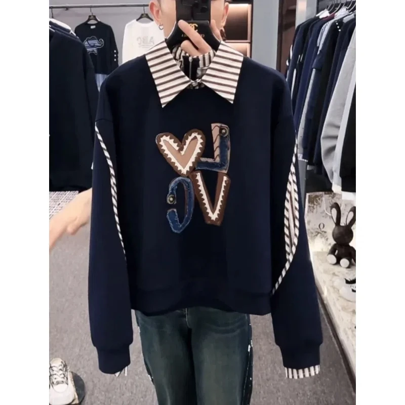 Premium Splicing Fake Two-piece Letter Love Hoodie for Women in Autumn Fashionable and Stylish Color Blocking Design Top