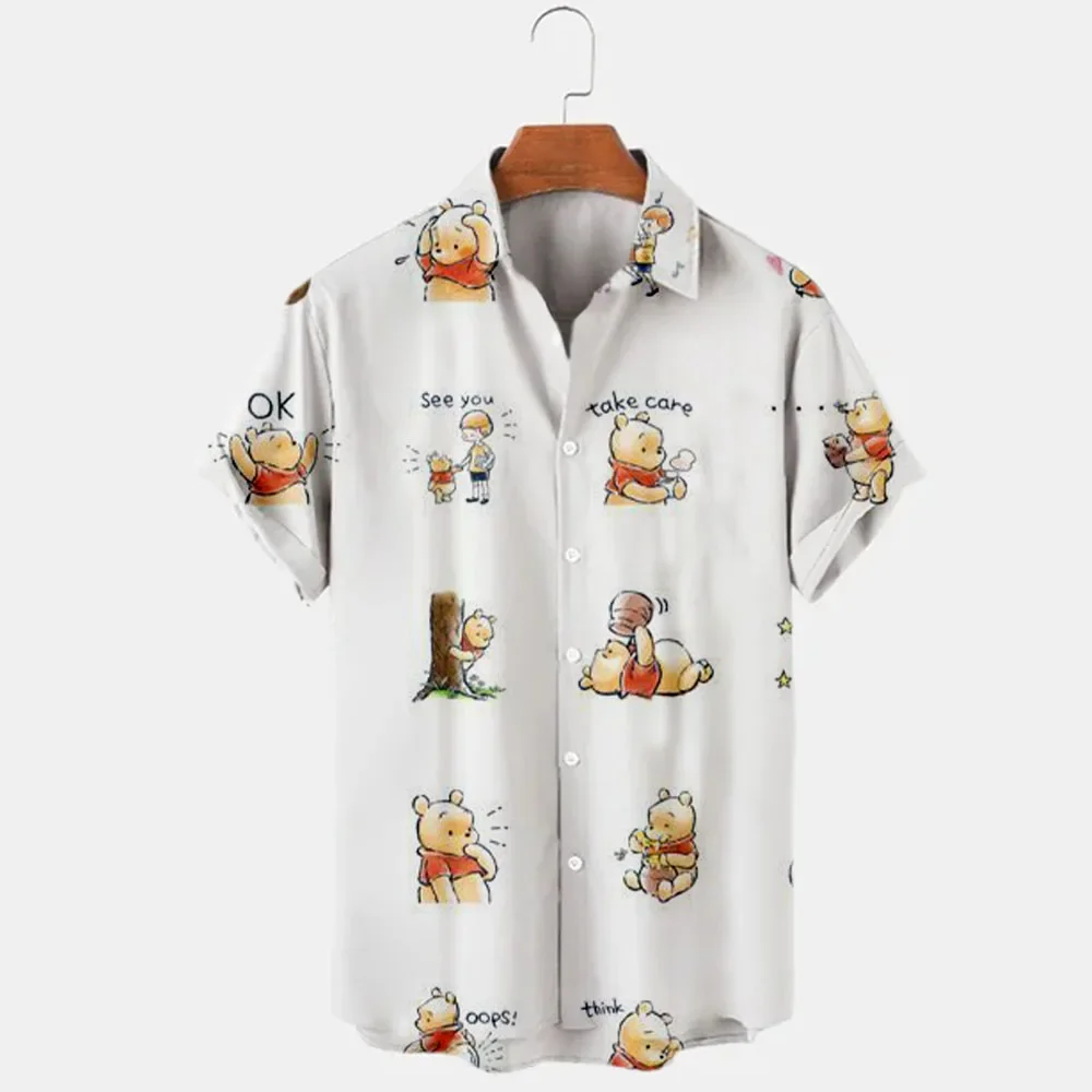 2025 صيف جديد قصير الأكمام بدوره إلى أسفل طوق قميص ديزني ويني ذا بوه وغرزة الكرتون عادية ثلاثية الأبعاد مطبوعة الرجال بلايز