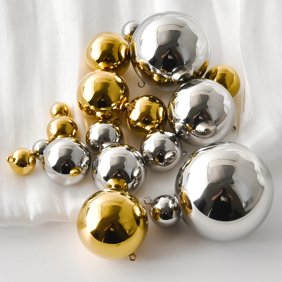 6Pcs Vary In Size Solid Ball Stereoscopic Pendant Real Gold Plated Chunky Round Beads Pendants DIY Necklace Earring Making Bulk