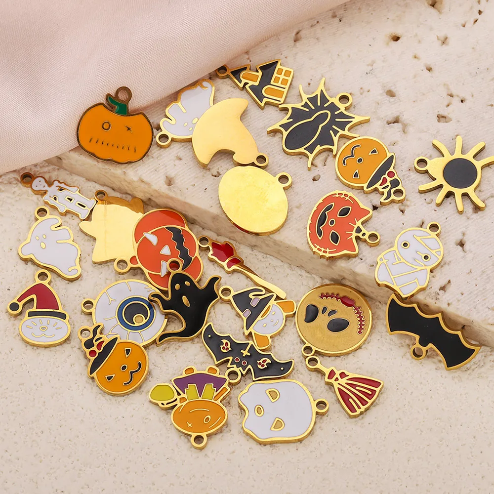 

5pcs Stainless Steel Charms Enamel Pumpkin Skull Bat Spider Ghost Gold Plated DIY Necklaces Bracelets Jewelry Making Accessories