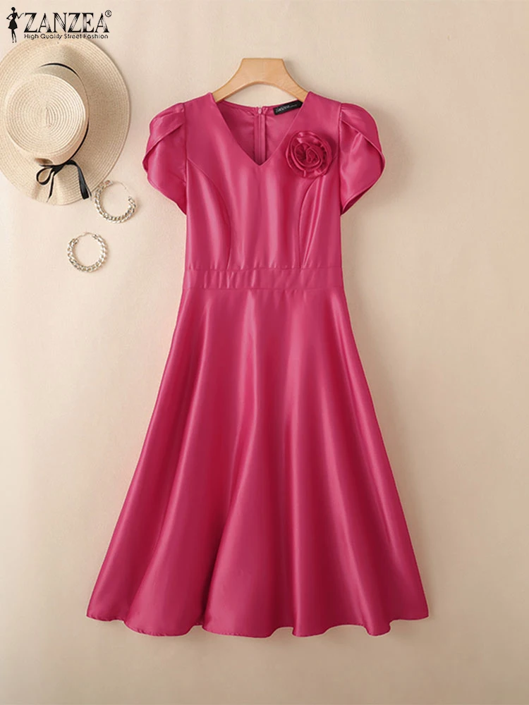 ZANZEA 2025 Elegante Vestito Da Partito Delle Donne Alla Moda Abiti A Fiori Con Scollo A V Manica Petalo Da Lavoro Vestito Estivo Solido Raso Una Linea Midi Abiti