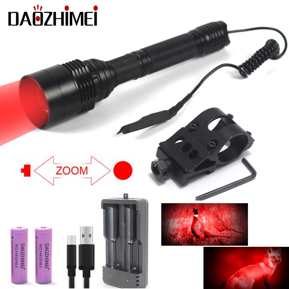 

300 Yards Powerful Red LED Hunting Flashlight Tactical C11 Predator Handheld Torch 1-Mode Lamps Zoomable Outdoor Light