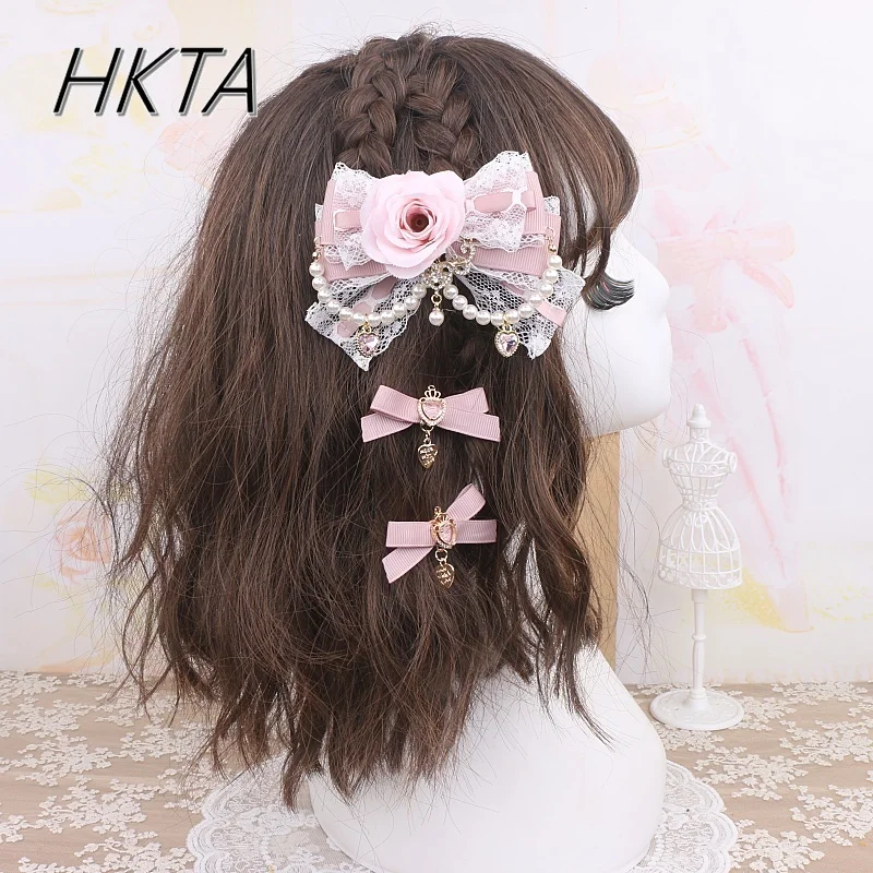

Japanese Sweet Cute Bow Zircon Gold-plated Love Pendant Small Pair Clip Women Side Clip Headgear Hairpin Female Student Girl