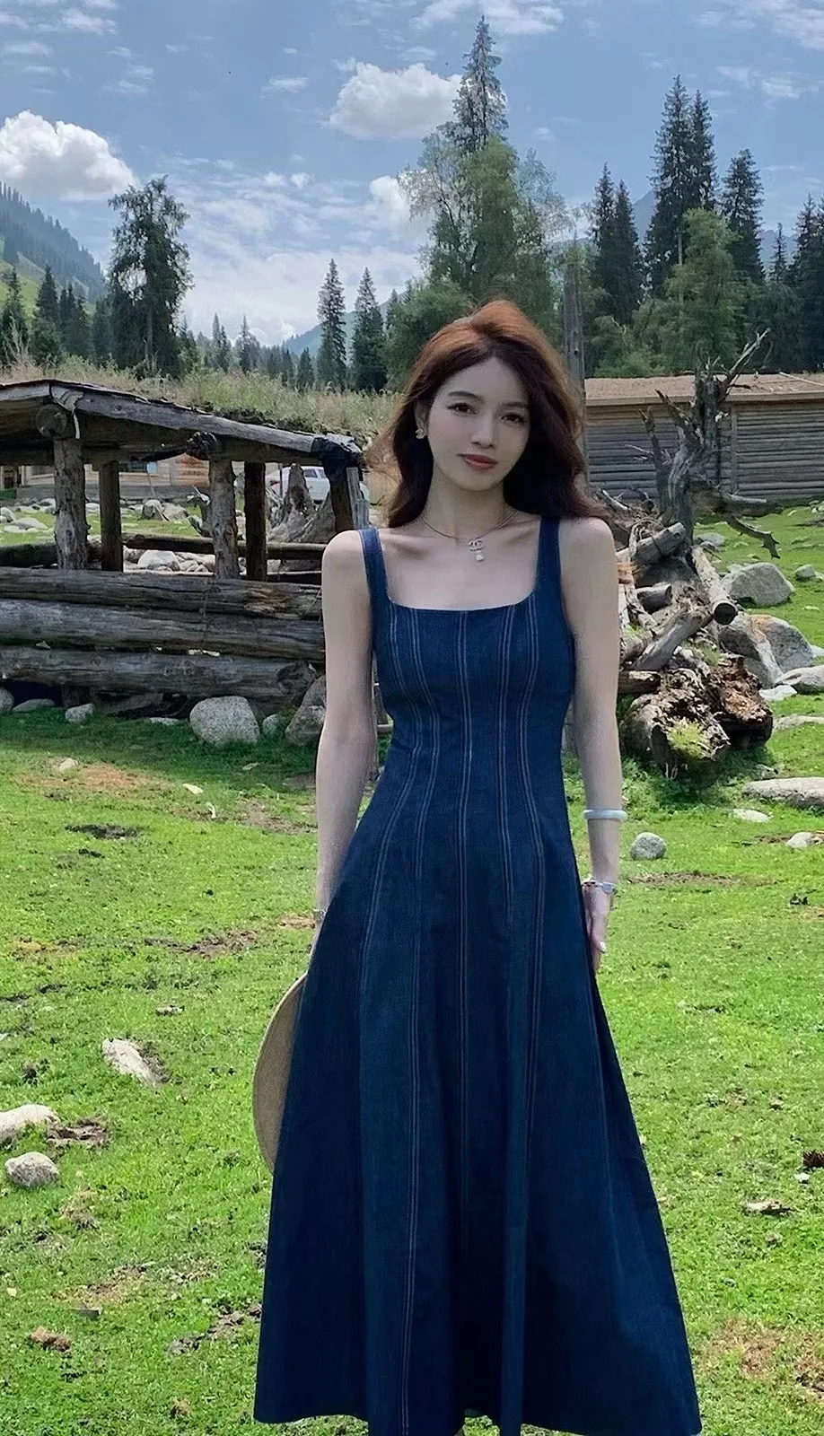 

GkyocQ 2024 New Fashion Women Denim Dress French Elegant Square Collar Sleeveless Vest Slim A Line Long Dresses Female Vestidos