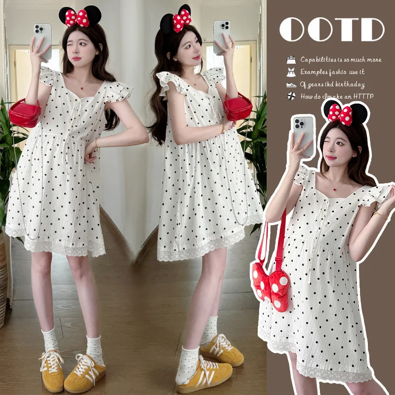 

Summer Maternity Dress: French-Inspired Flutter Sleeve Polkadot Dress - Feminine Pregnancy Wear with Petite-Friendly Proportions