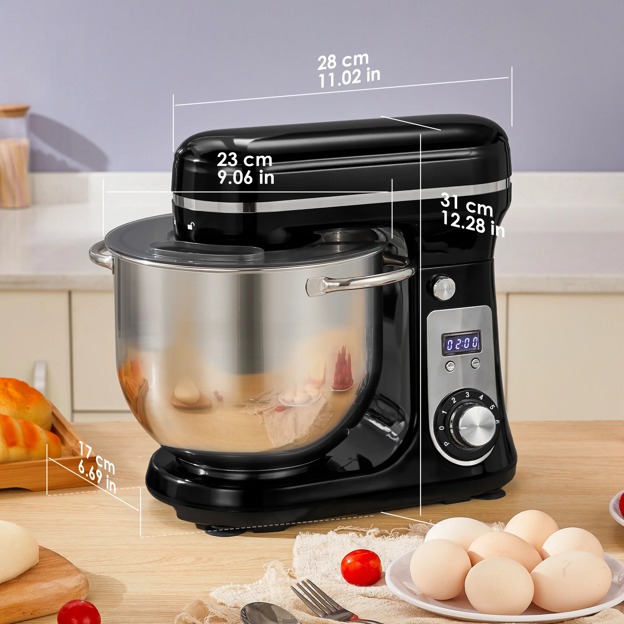 BioloMix 6-Gang-Standmixer für die Küche, 1200 W DC, leiser Motor, 6 l Edelstahlschüssel mit Sahne-Ei-Schneebesen, Peitsche, Teigkneter – Detail 8