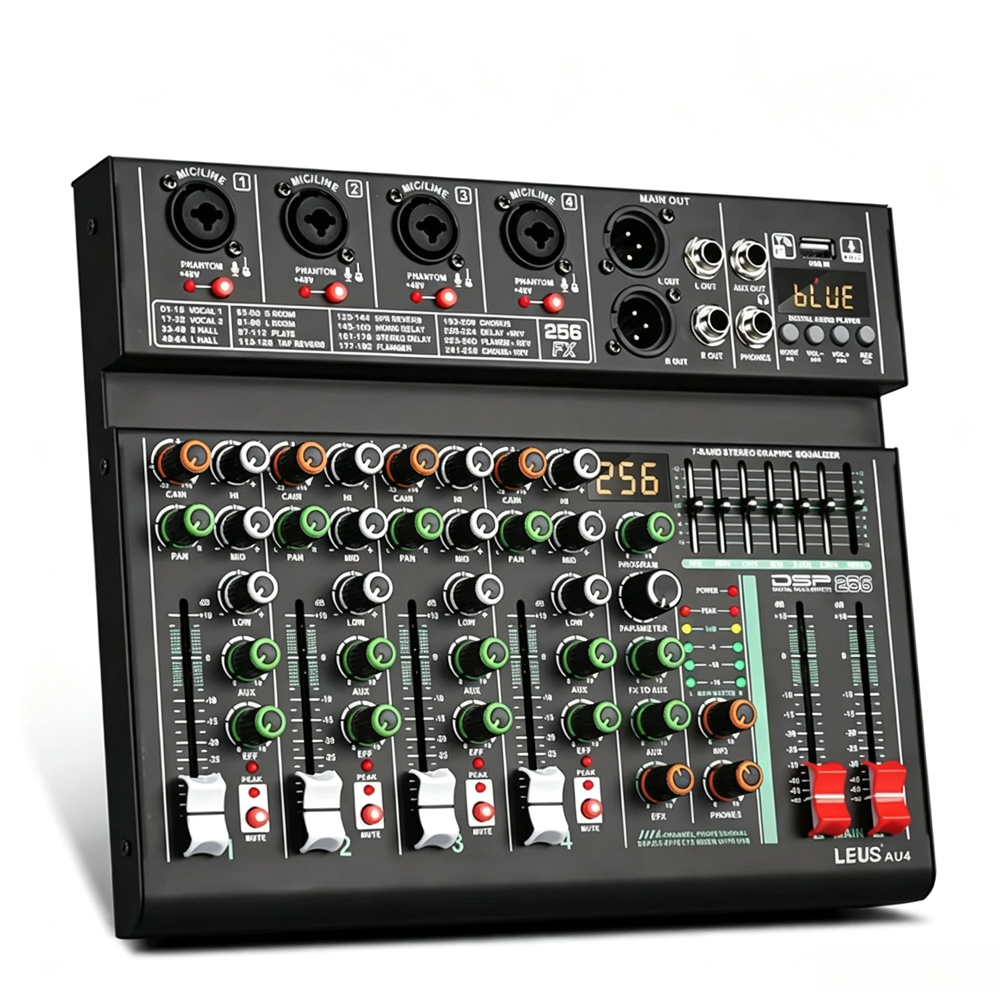 AU4 Channel 256DSP Effect Audio Mixer with 48V Phantom Power USB Bluetooth DJ Console for PC Karaoke Sound Mixing Four-way Mixer