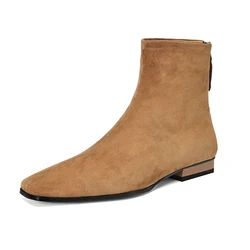 Petite Feet Kid Suede Women Ankle Boots Back Zipper Black Yellow Low Block Heels Autumn Winter Ladies Oversizes Square Toe Boots