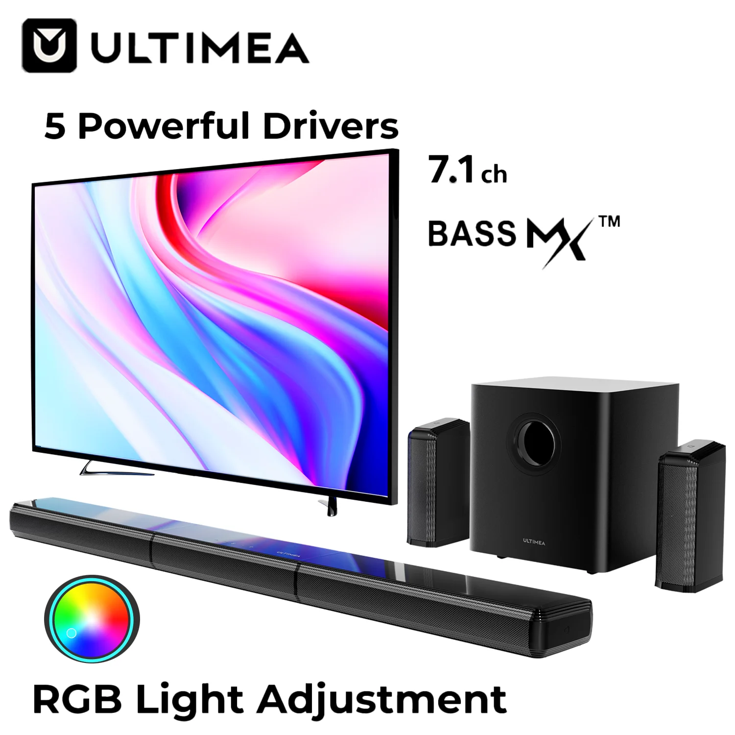 Barre de son ULTIMEA 410 W 7.1 canaux avec caisson de basses sans fil 6,5" et 2 haut-parleurs surround, système de son surround, haut-parleurs Bluetooth pour cinéma maison, contrôle par application, HDMI/OPT/AUX/BT