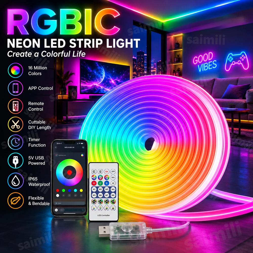 RGBIC Neon LED Strip USB Powered Music Sync Dynamic Effects APP IR Remote Flexible For TV Backlight DIY Wall Party Lighting
