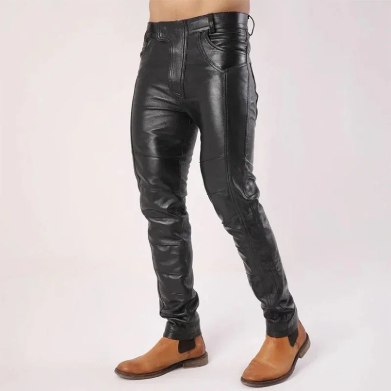 Men's Black Matte Faux Leather Splicing Pencil Pants Male Vintage PU Bodycon Trousers with Pockets Casual Entertainment Custom