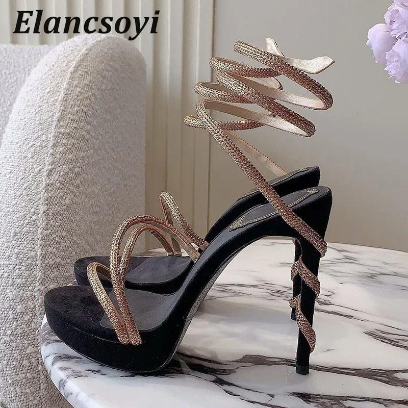 Platform Stiletto Sandals Women's Shiny Rhinestone Ankle Snake Shaped Winding Wedding Shoes Sexy Super High Heels Sandalias