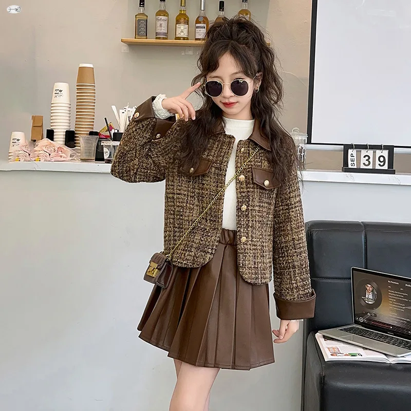 Teenager Girls Clothes Set Spring Autumn Fashion Lapel Splicing Jacket and Pleated PU Skirt 2-Piece Children Suit Kids Outfits