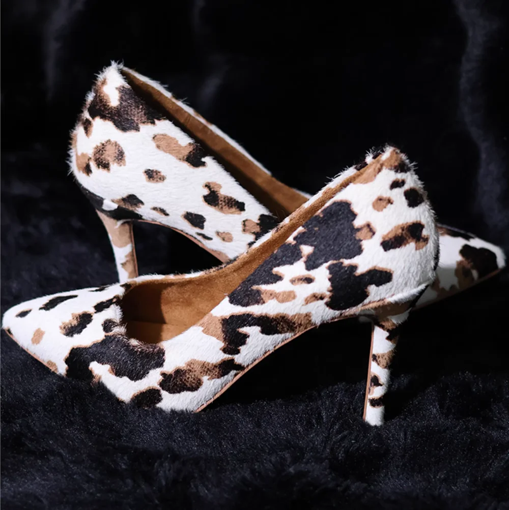

Туфли-лодочки с коровьим принтом из искусственного меха, с острым носком, мягкой плюшевой текстурой, на шпильке, в минималистичном элегантном стиле, женские повседневные туфли на низком каблуке