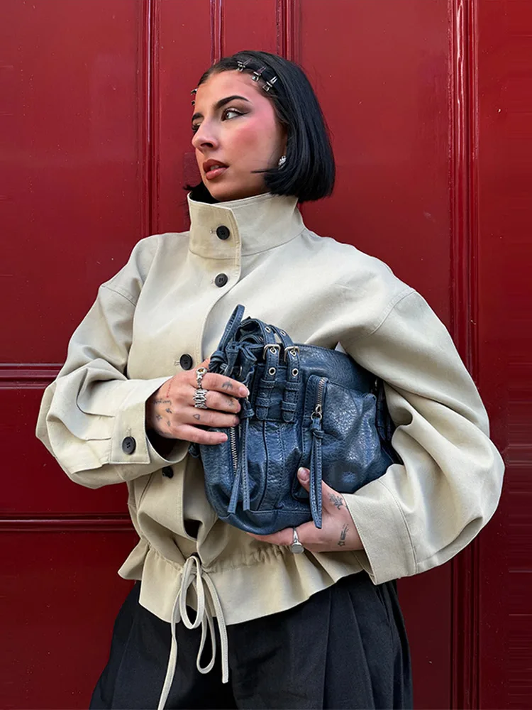 Stehkragen-Knopfjacke mit Kordelzug für Damen, Street-Style mit Epauletten, Langarm, Einreihig, Locker Geschnittene Jacke, Schicke Damenoberbekleidung, Neue Outerwear – Detail 17