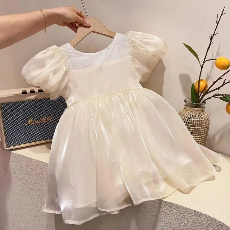 Girls' Summer Princess Dress New Fashionable and Stylish Children's Bow Bubble Sleeve Birthday Dress