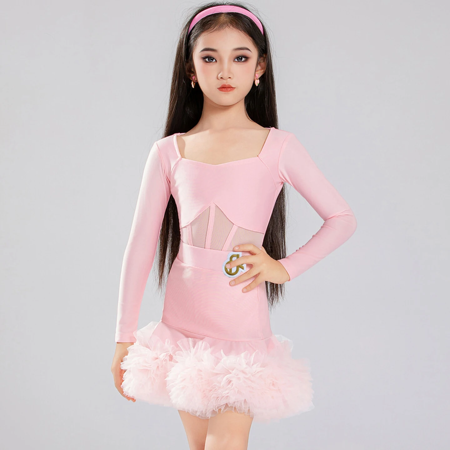 

Сетчатый топ с длинными рукавами, кружевная юбка, платье для латинских танцев, чача-румба, танцевальная практика, конкурсные костюмы, одежда DQL12321