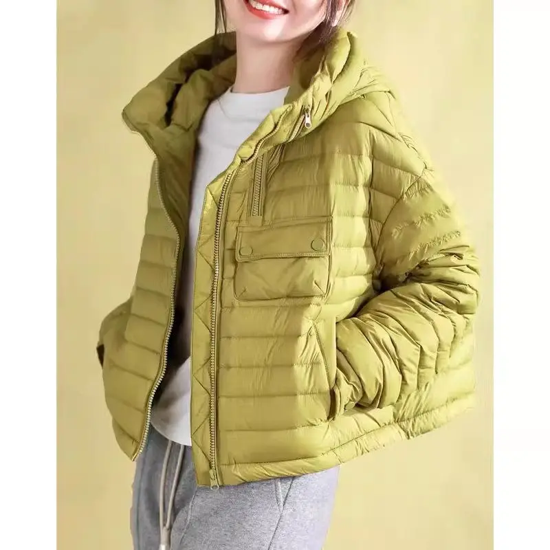 Hooded Zippered Short Down Cotton Coat Loose Women\'s Striped Solid Color Raglan Sleeves Casual Warm Jacket Outerwear Z3632