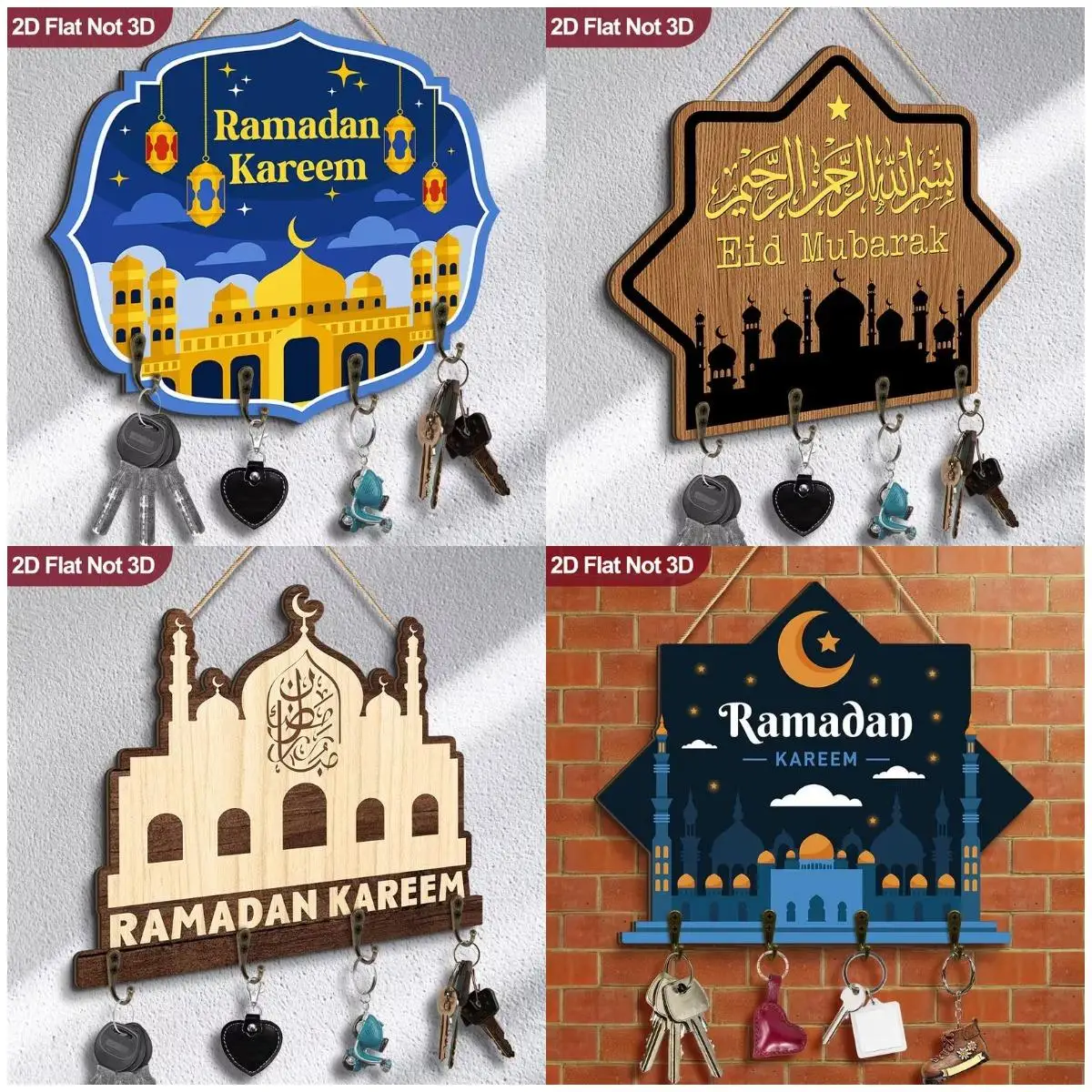 1 piece of wooden multifunctional home key hanger, 4 metal hooks, 2D graphic design, wall mounted storage key decoration rack