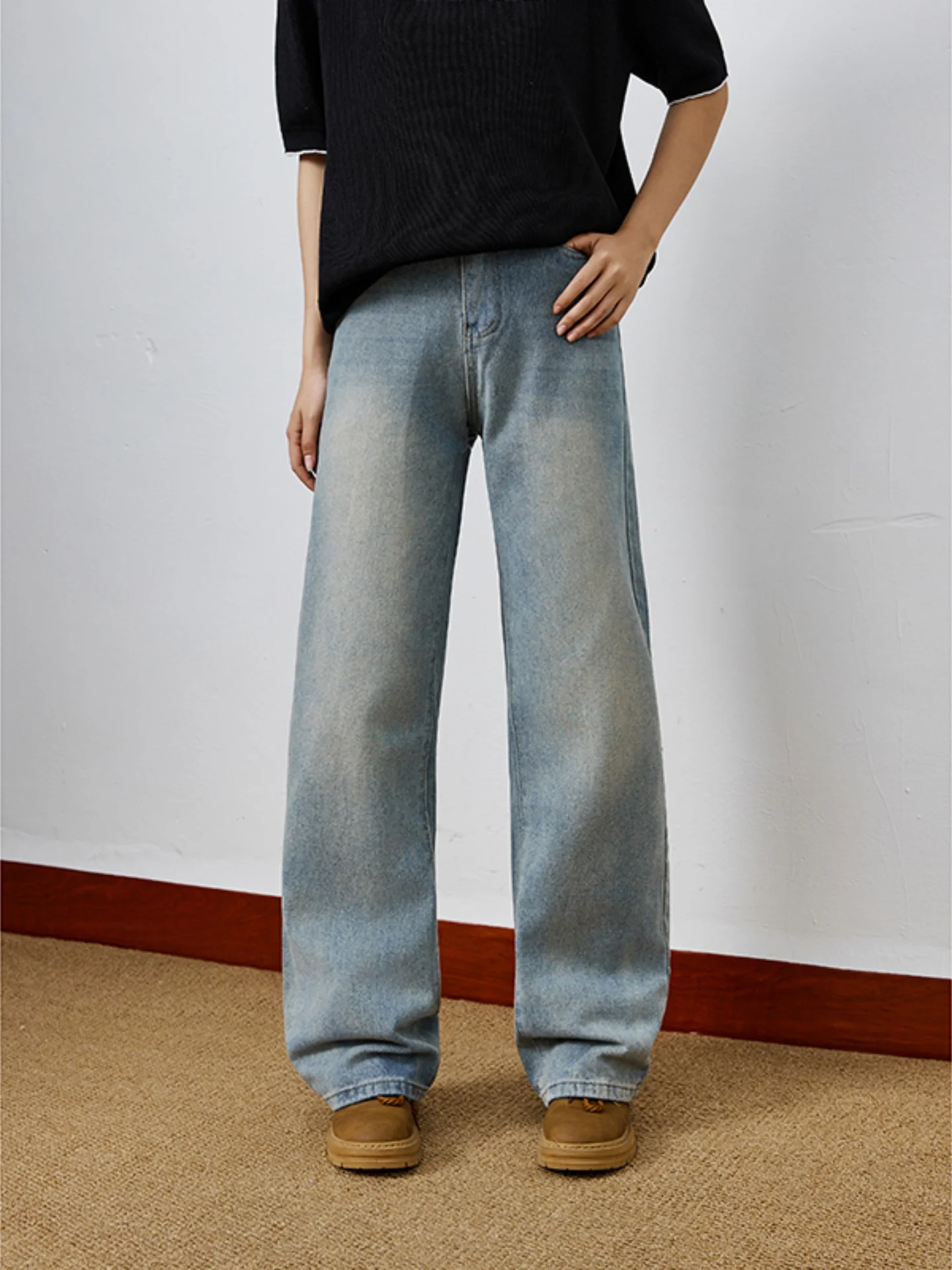 

Summer Men's Straight Leg Vintage Washed Jeans Loose Fit Casual Trousers mid Waist Zipper Closure Blue Denim Youth Fashion