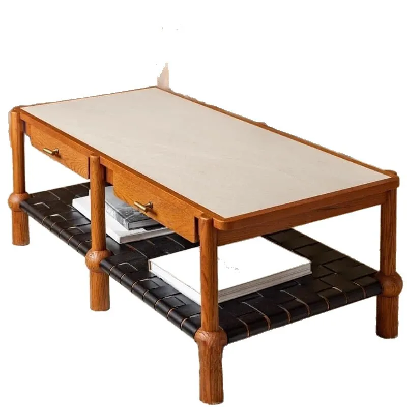 

Coffee table French medieval rock slab retro log style Living room storage solid wood tea table double-layer square table