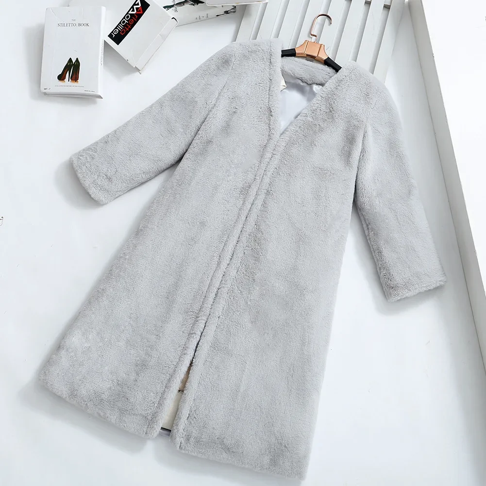 Autumn and Winter Coat, Faux Fur Rabbit Fur Coat, Long Knee Length Casual and Fashionable Warm Plush Windbreaker