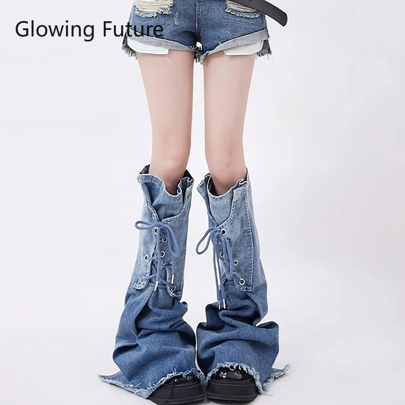 Spicy Girl Retro Blue Gradient Denim Long Barrel Stacked Socks for Women Lace Up Drawstring Horn Y2K Accessories Leg Warmers