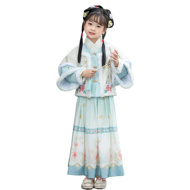 

New Year Costume Chinese Classical Clothing Ancient Attire Light Blue Long Sleeved Quilted Warm Hanfu Suit for Girls in Winter