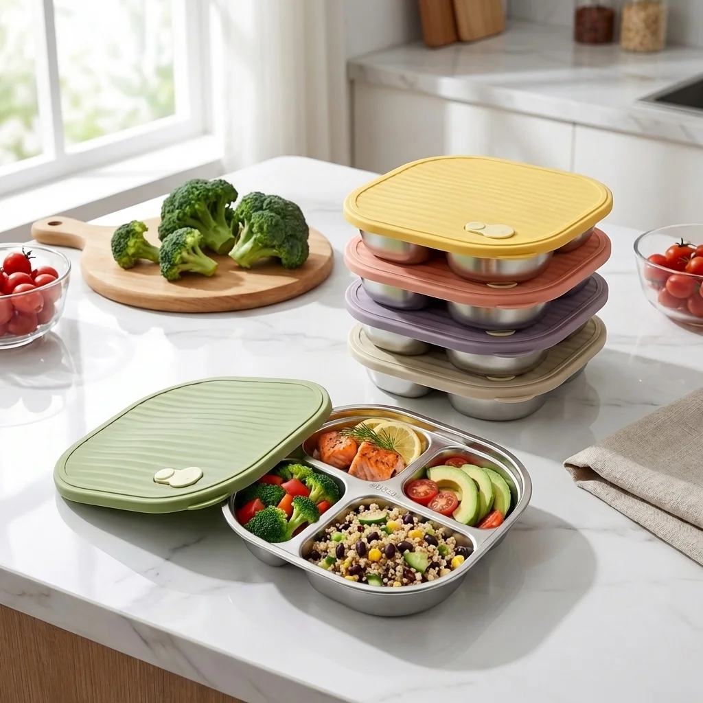 Microwave Safe 304 Stainless Steel Divided Plate Portion Control Diet Food Dish With Lid Kitchen Dinnerware Tableware Utensils