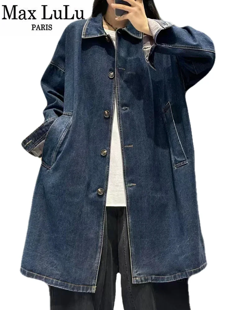 Max LuLu 2024 Spring Womens Fashion Plus Size Denim Trench Jackets Loose Classic Windbreakers Ladies Leisure Vintage Long Coats