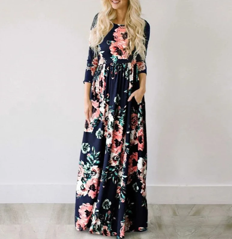 Summer Dress Women Pink Floral Print Boho Beach Dress Ladies Evening Party Long Dress Sundress Vestidos de festa